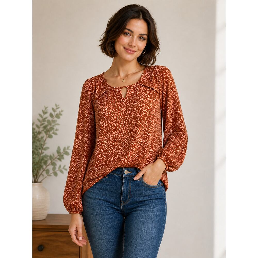 LR1312 Adrianna Papell Rust Print Blouse XL Long Sleeve Keyhole Top